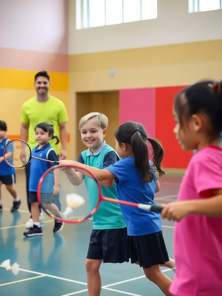 Image of a badminton outreach program in a local school, promoting badminton to children and encouraging participation in sports.