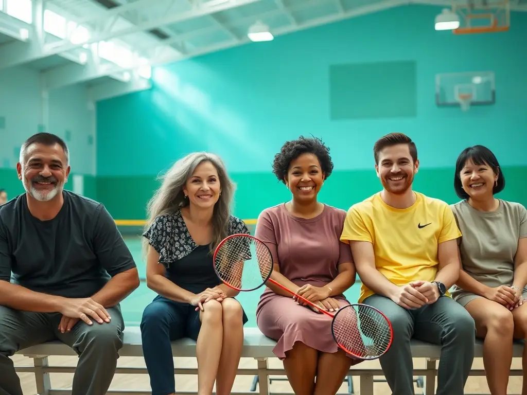 A group of diverse individuals laughing and interacting during a badminton break, emphasizing the social aspect of the sport within the COMITE DEPARTEMENTAL BADMINTON CANTAL community.