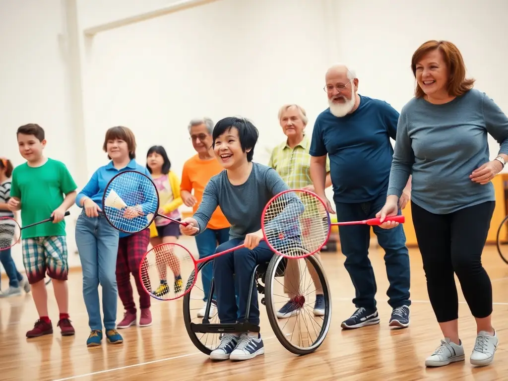 A welcoming image of participants of various ages and abilities enjoying a beginner badminton workshop, emphasizing inclusivity and accessibility.
