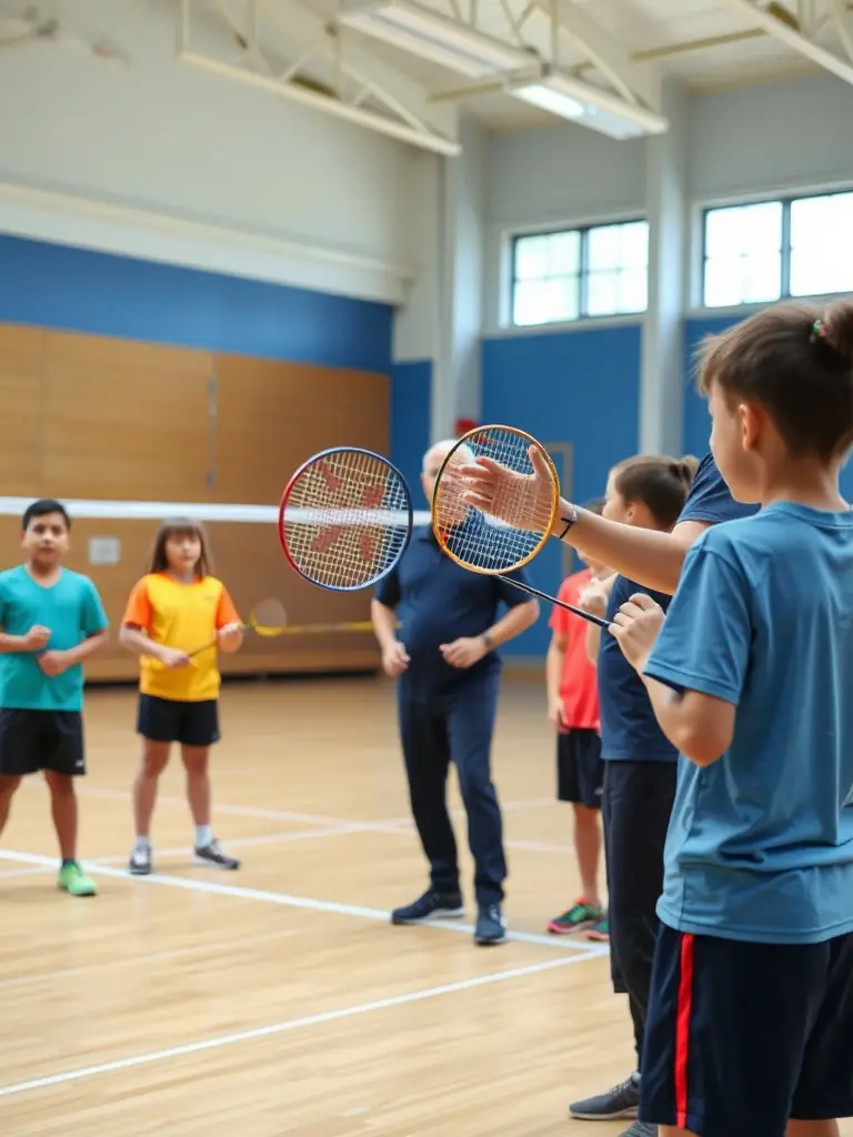 A photo of a badminton coaching clinic at COMITE DEPARTEMENTAL BADMINTON CANTAL, with a certified coach demonstrating techniques to participants.