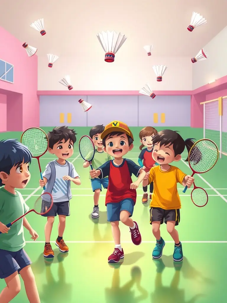 A vibrant image of children participating in a badminton training session at a local community center, showcasing the joy and inclusivity of the program.