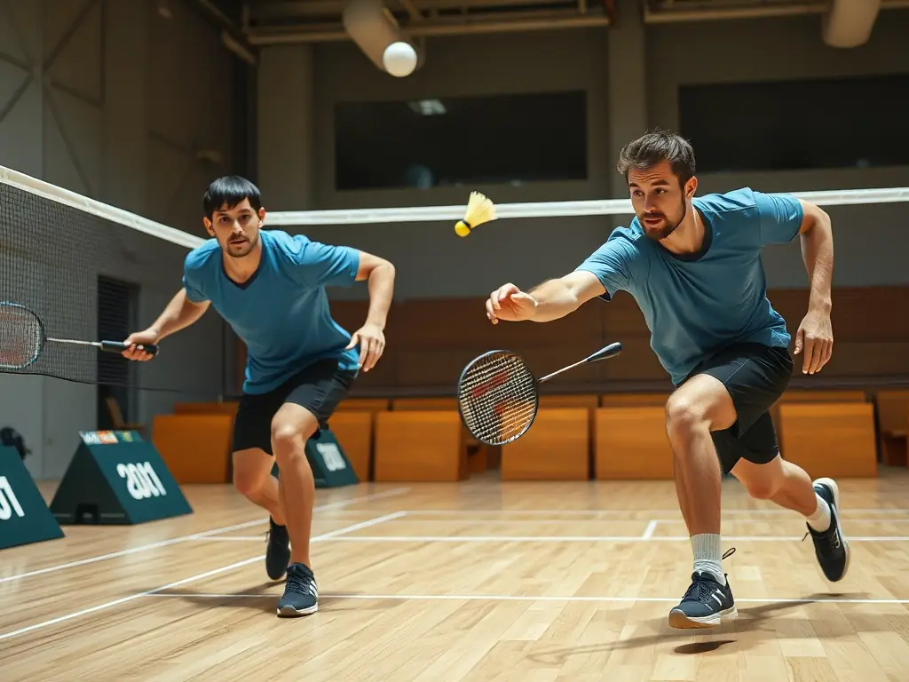 An action shot of adult players engaged in a competitive badminton match, demonstrating the intensity and skill involved in advanced play, with a focus on teamwork and sportsmanship.