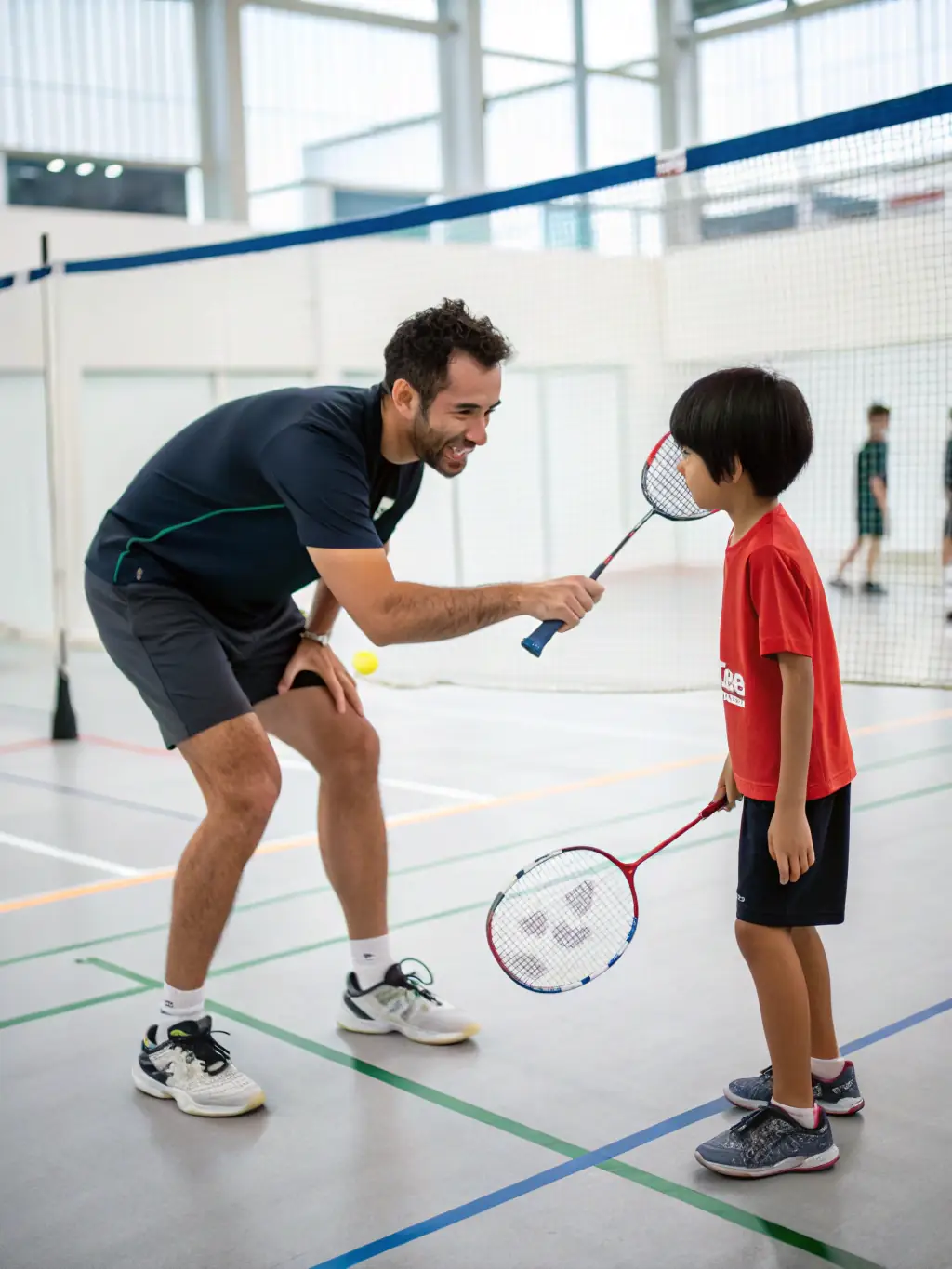 A photo of a badminton coaching session led by a certified coach from COMITE DEPARTEMENTAL BADMINTON CANTAL, demonstrating proper techniques to young players.