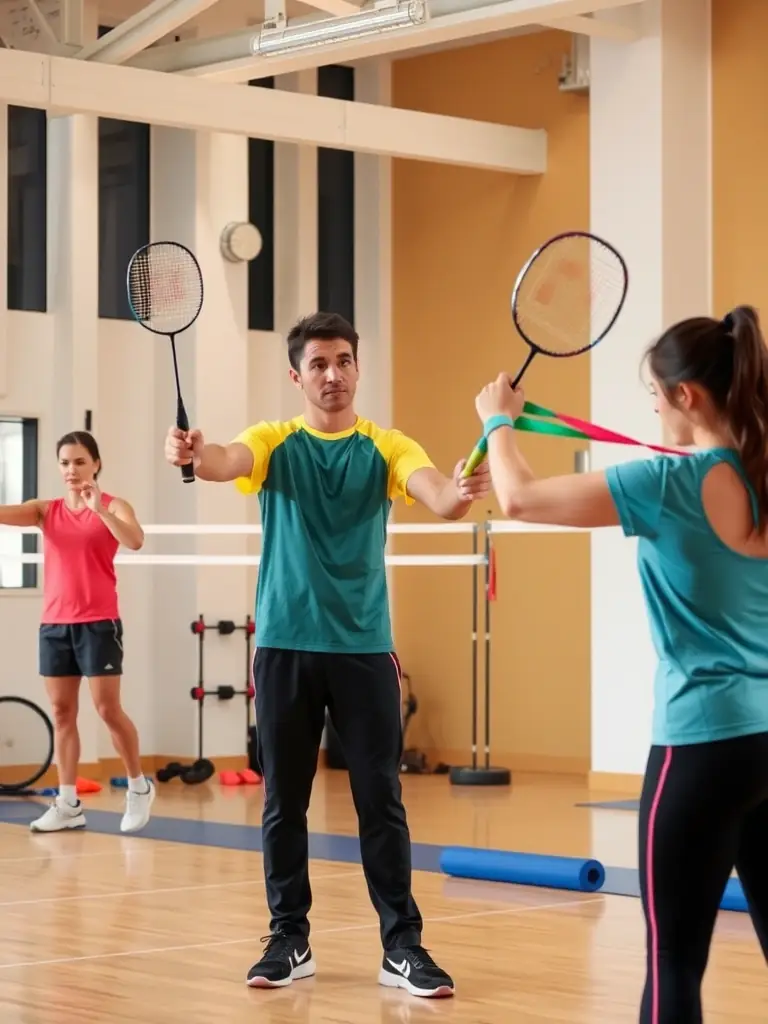 A photo of a badminton coaching clinic with participants actively engaged in learning new techniques from certified coaches.