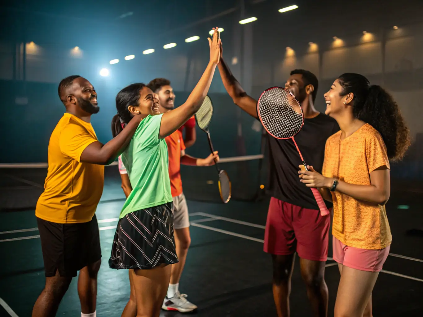 An image of volunteers and participants working together to set up a badminton event, showcasing the community spirit and collaborative effort involved.