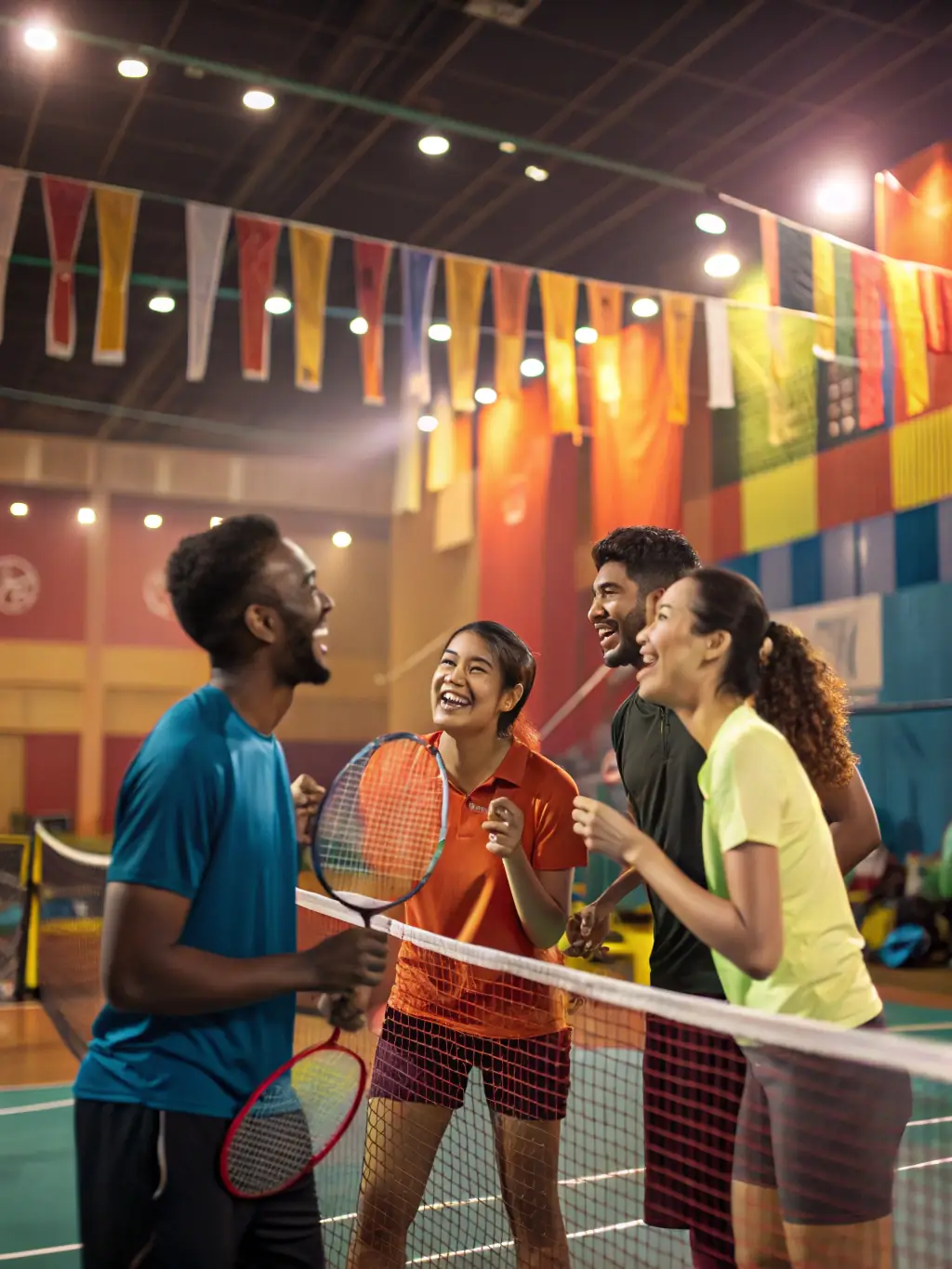 Image of adults participating in a friendly badminton tournament organized by COMITE DEPARTEMENTAL BADMINTON CANTAL, emphasizing community engagement and competitive spirit.