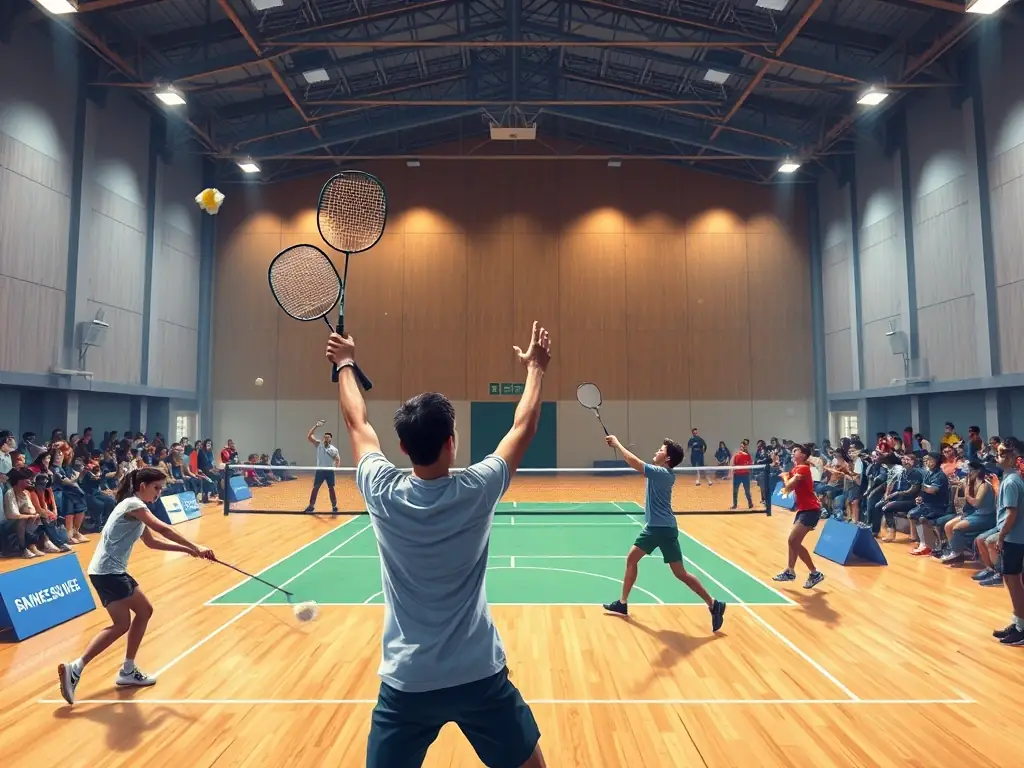 A vibrant image of badminton players engaged in a friendly match, showcasing the energy and camaraderie of the sport. The players are diverse in age and skill level, emphasizing inclusivity.