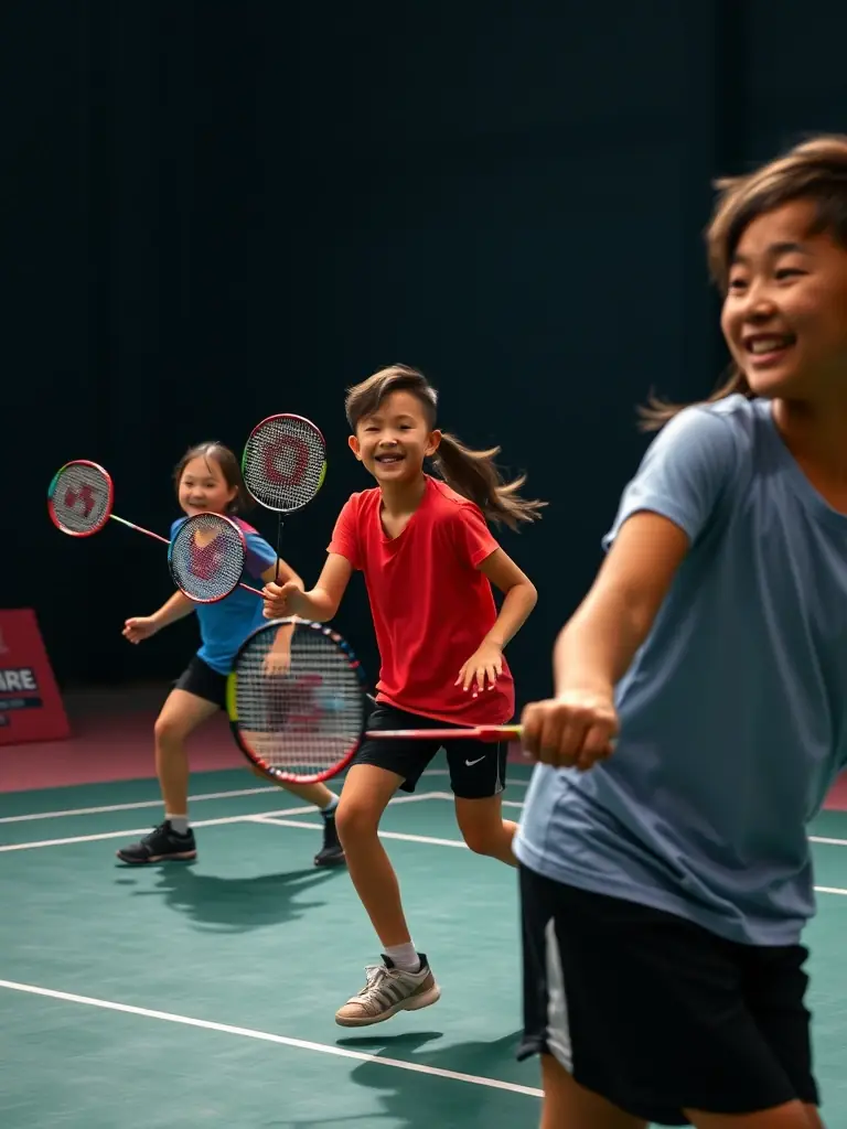 Action shot of young badminton players participating in a training session at COMITE DEPARTEMENTAL BADMINTON CANTAL, showcasing their enthusiasm and skill development.