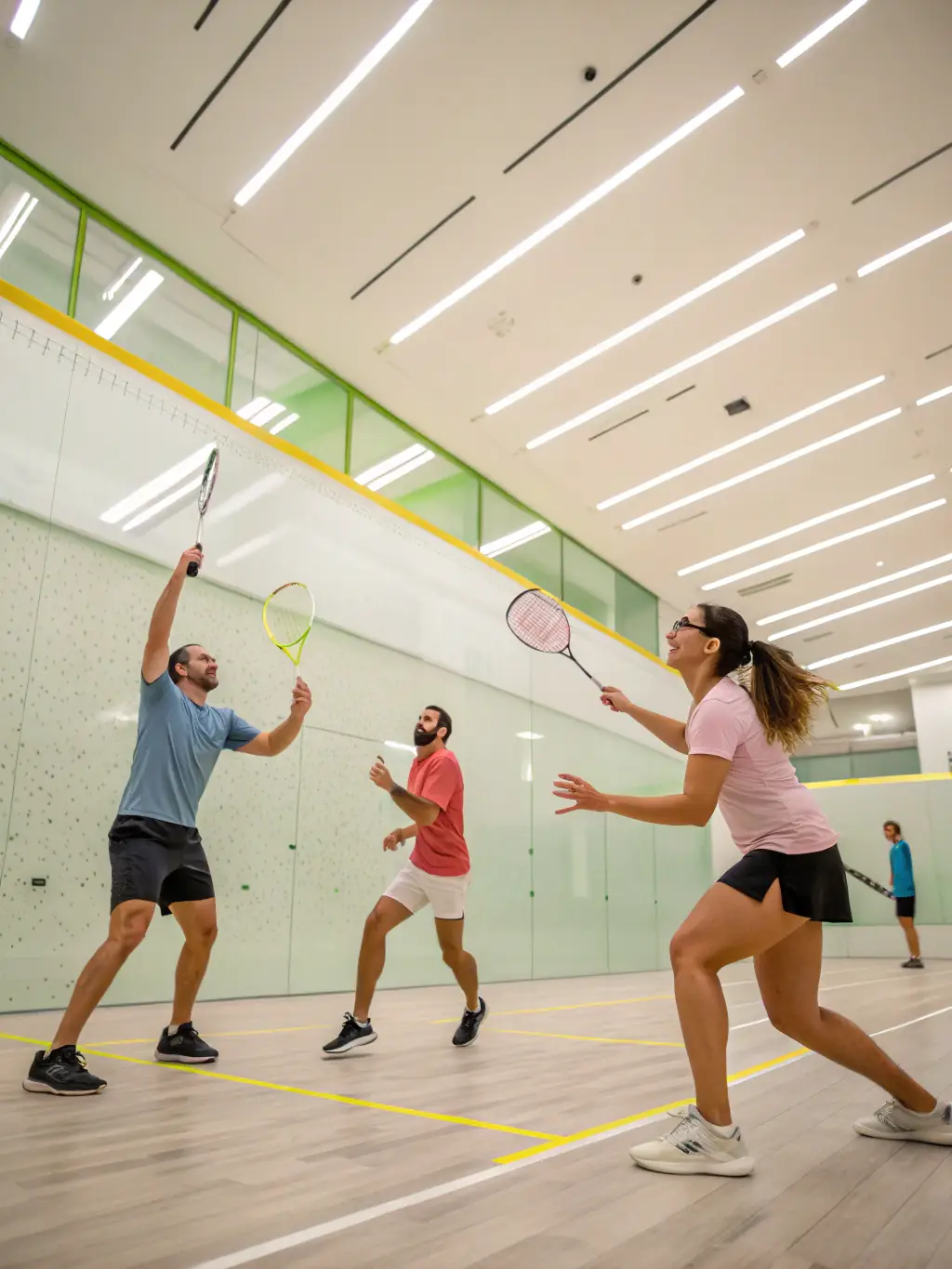 A dynamic shot of adults playing badminton in a competitive league match, highlighting the intensity and camaraderie of the adult leagues.