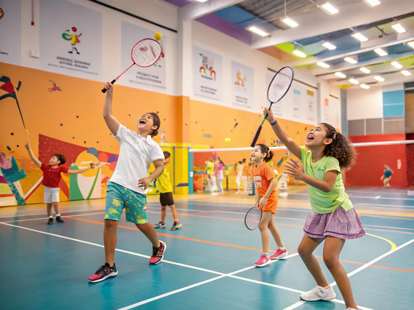 A vibrant image of children participating in a beginner badminton workshop, showcasing their enthusiasm and engagement with the sport, set against a backdrop of a well-lit badminton court.