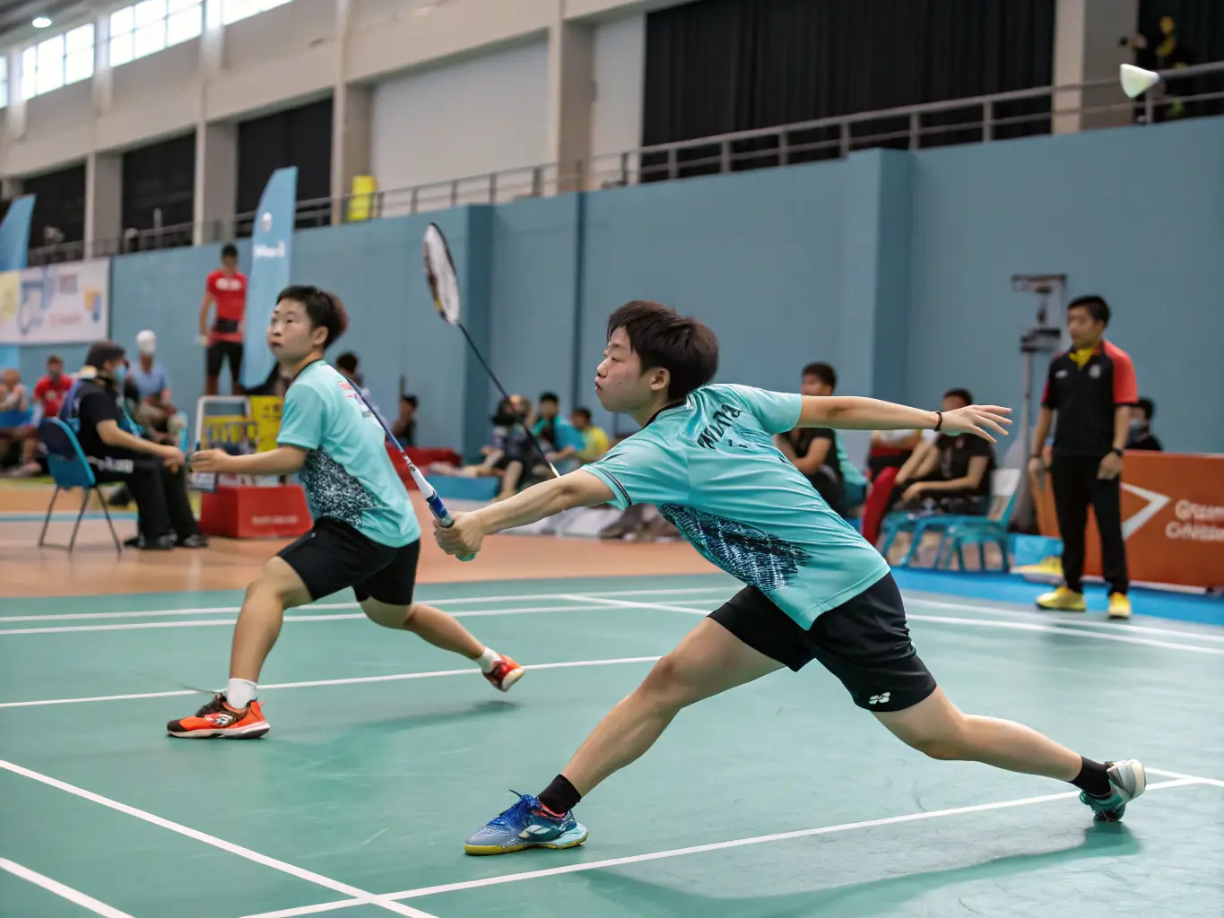 An action-packed image of adults participating in a competitive badminton league match, highlighting the excitement and camaraderie of adult leagues.