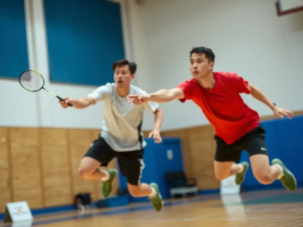 A dynamic shot of badminton players in action, focusing on the speed and agility of the sport, set against the backdrop of a local badminton court managed by COMITE DEPARTEMENTAL BADMINTON CANTAL.