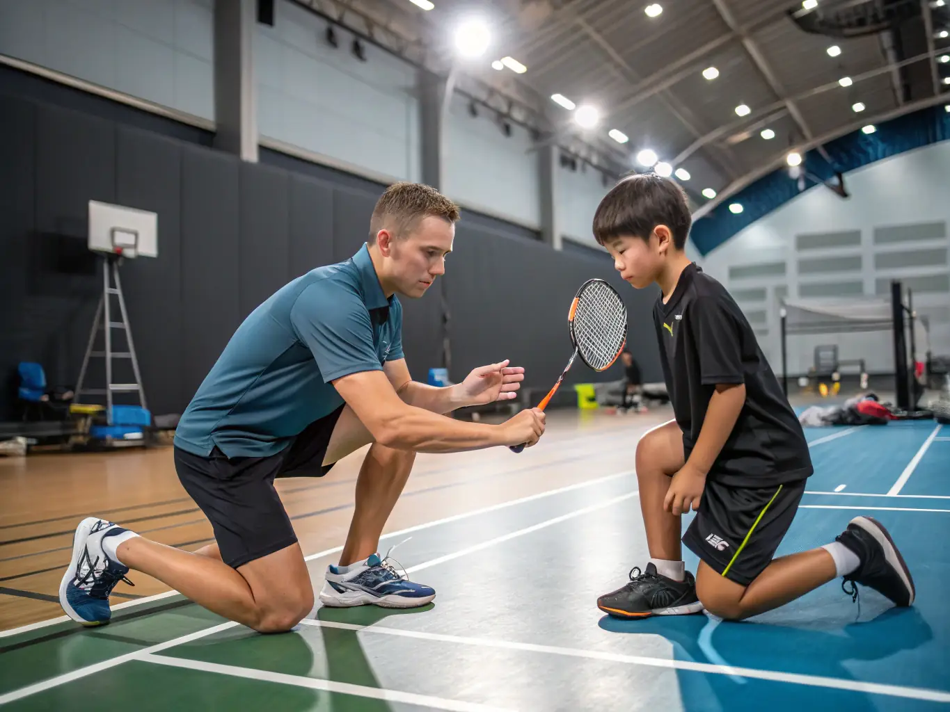 A close-up shot of a young badminton player receiving encouragement from a coach, highlighting the supportive and developmental aspects of COMITE DEPARTEMENTAL BADMINTON CANTAL's youth programs.